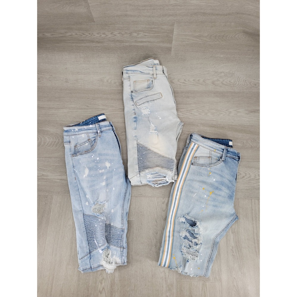 Lot of 3 KDNK Distressed Jeans Men's Size 32 Bleach Paint Splatter Ripped Zipper